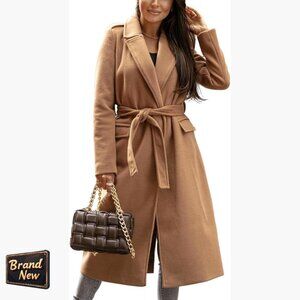 Long Wool Peacoat with Self Belt, Knee Length Trench Coat for Fall Winter